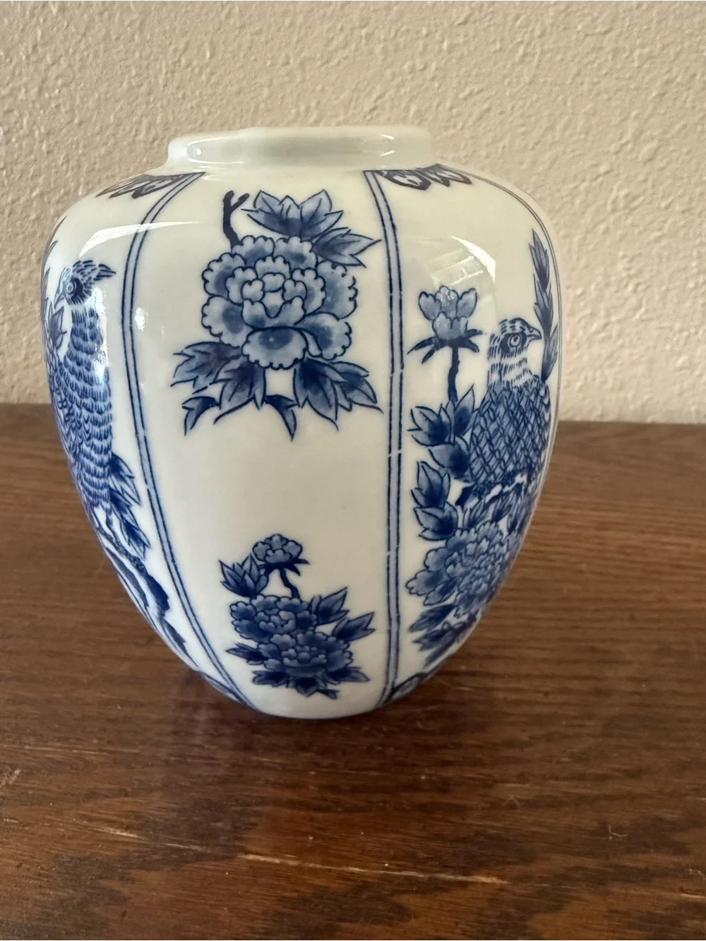 Japenese Blue and White Porcelain Peacock Vase - Vintage Andrea Sadek